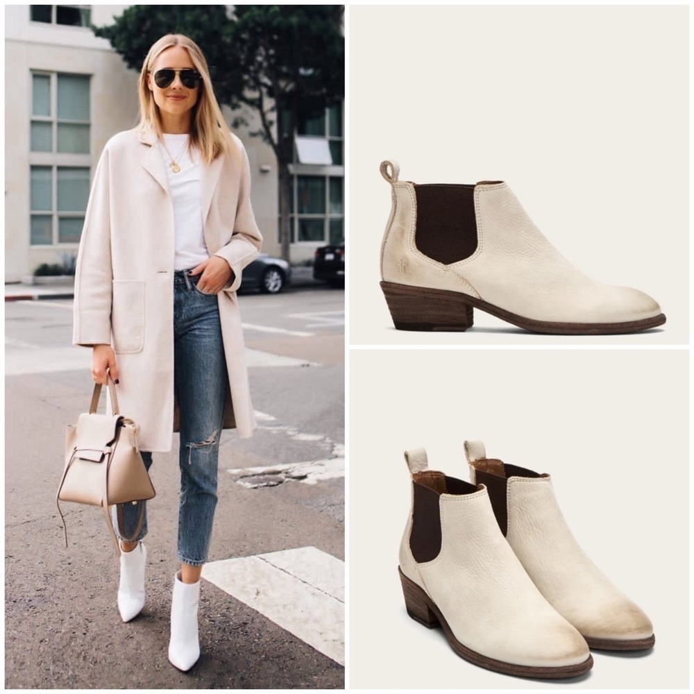 $368 Frye Carson Chelsea Ivory White Real Leather Low Heel Pull On Ankle Boot